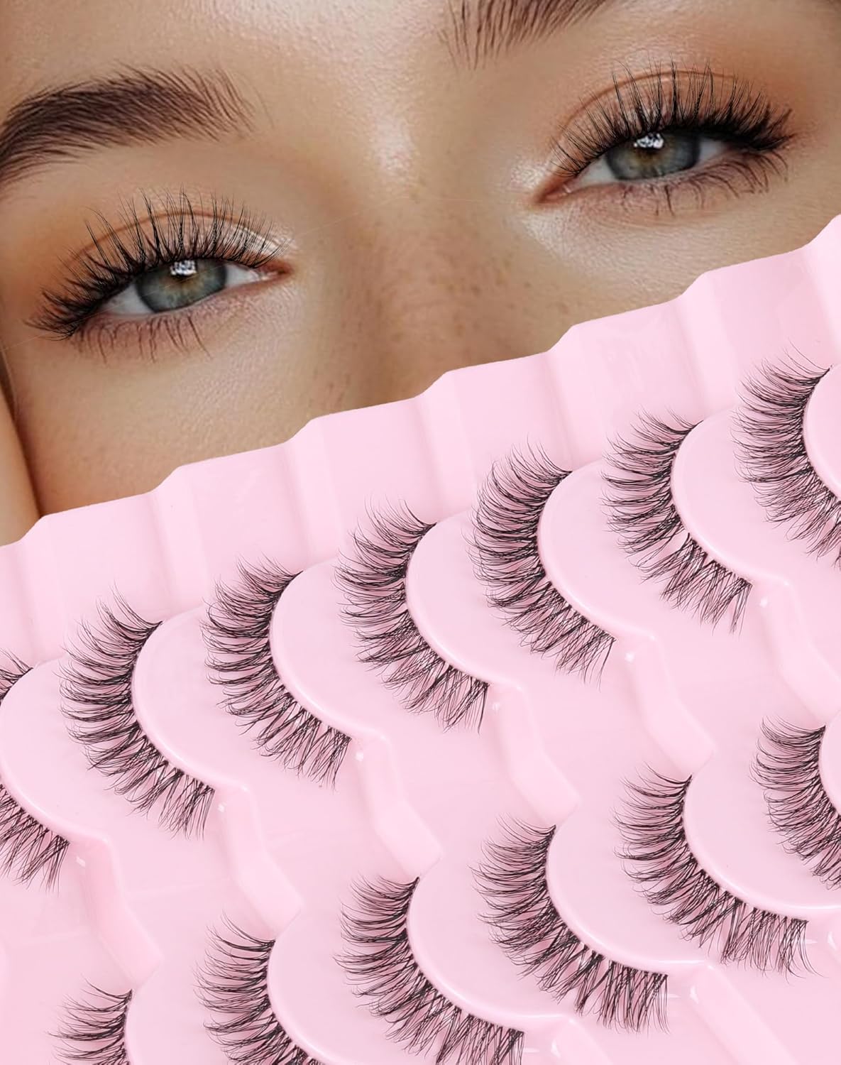 Short Lashes Natural Look Everyday Wispy Eyelashes Mink Flared Eyelashes Strip False Eye Lash Soft Clear Band 7 Pairs SF-05
