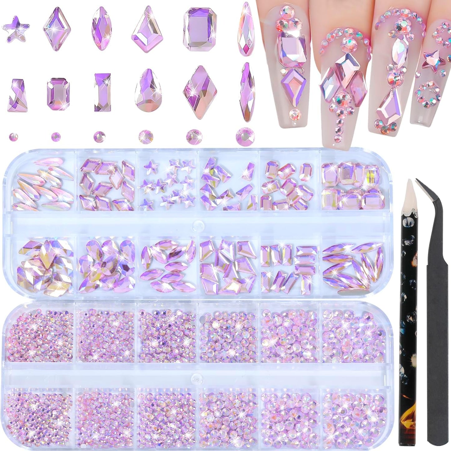 Nail Rhinestones - 3D Multi Shape Size, Flat Back, Crystals Manicure Rhinestones Charms, Pink AB Nail Gems, with Kit, for Nail Art, Bedazzling Acrylic Nails, DIY Decor