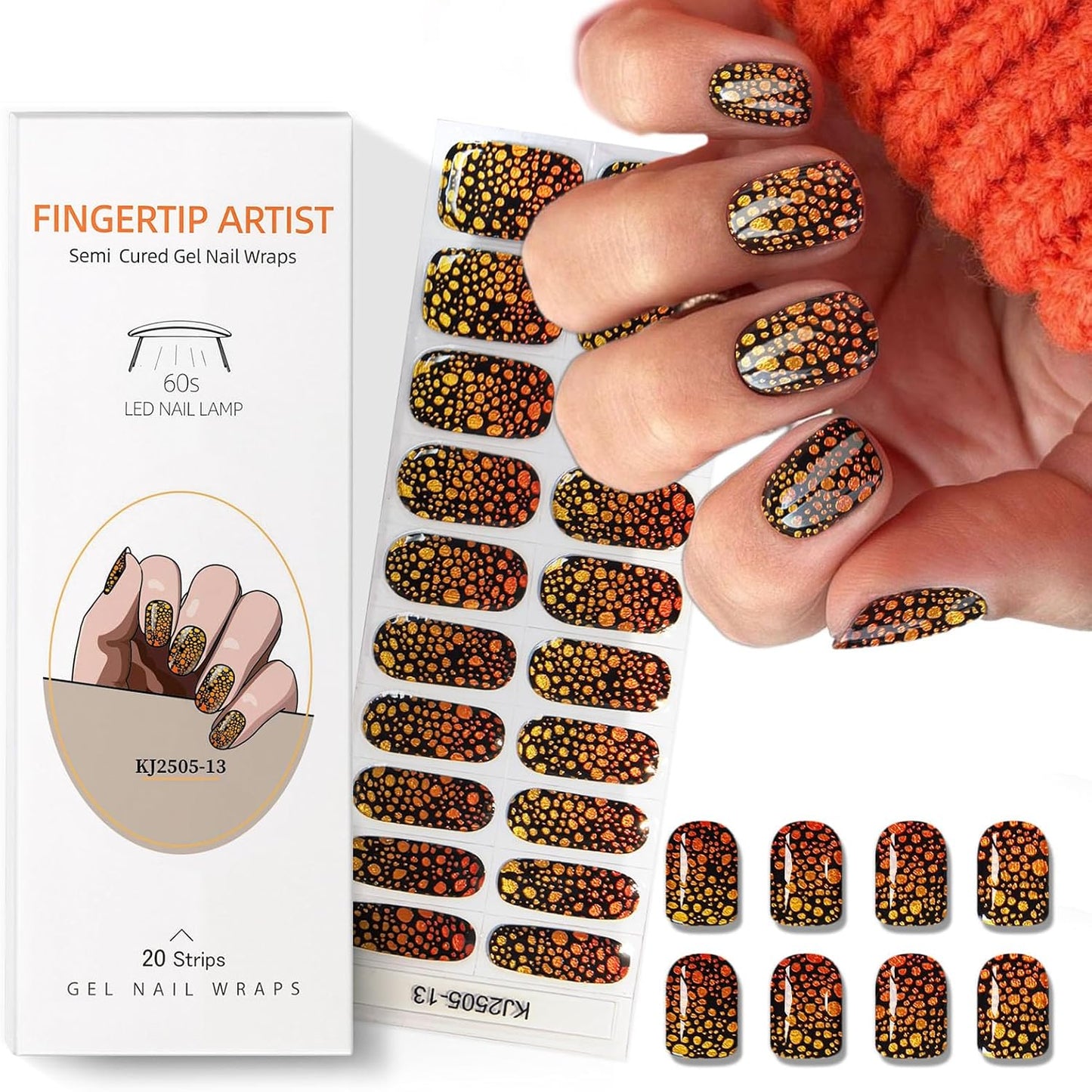 Semi Cured Gel Nail Strips with Gold and Black Designs Fall Gel nail stickers Sparkly Glossy Nail strips Salon Quality & Easy to Use 20 Pcs for Women