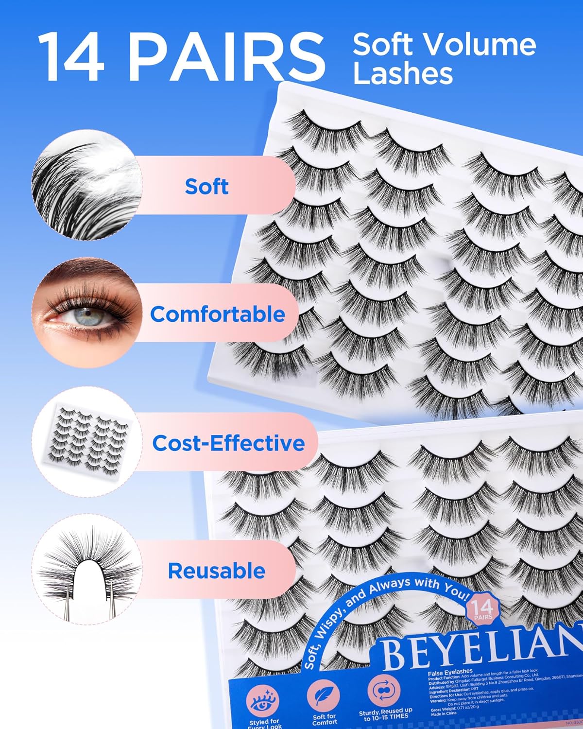 BEYELIAN 14 Pairs False Eyelashes Natural Look D Curl 9-15MM Doll Eye Fake Lashes, Soft and Lightweight Faux Mink Lashes, Reusable, Easy to Apply (14P-HSCS-01)