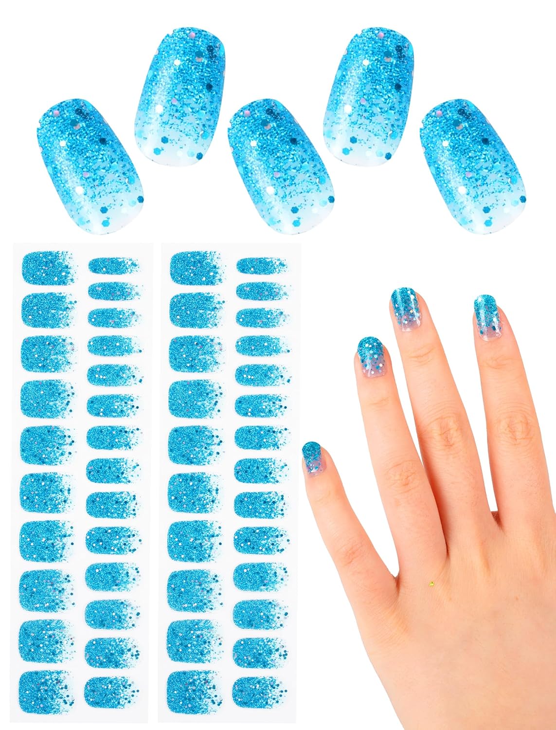 No UV Light Needed Semi Cured Gel Nail Strips Kit for Women, 48 Pcs Self-Adhesive Stick on Nail Polish Art Stickers Wraps with Nail Files and 2 Nail Wiping Blocks (Blue) (Blue)