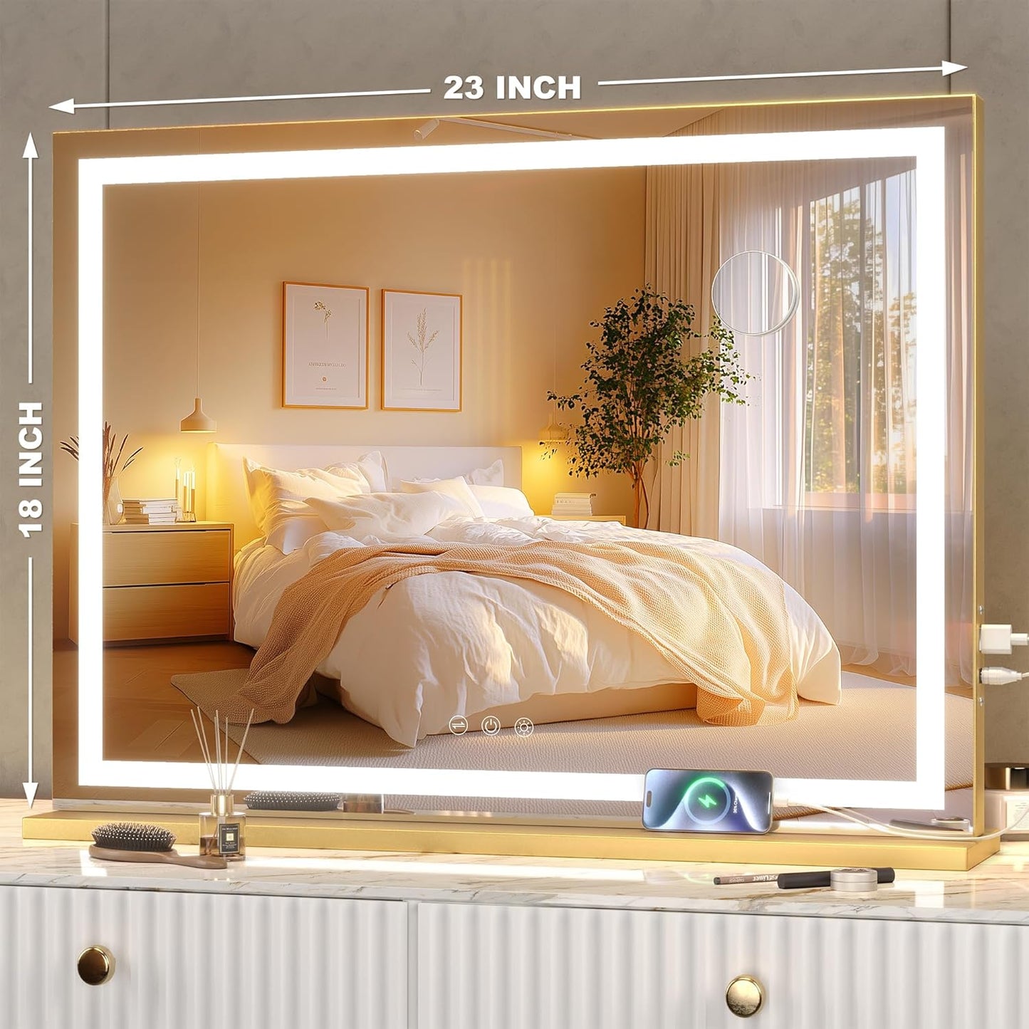 Hasipu Vanity Mirror with Lights, 23" x 18" LED Makeup Mirror, Lighted Makeup Mirror with Dimmable 3 Modes, Touch Screen Control Vanity Mirror Square Gold