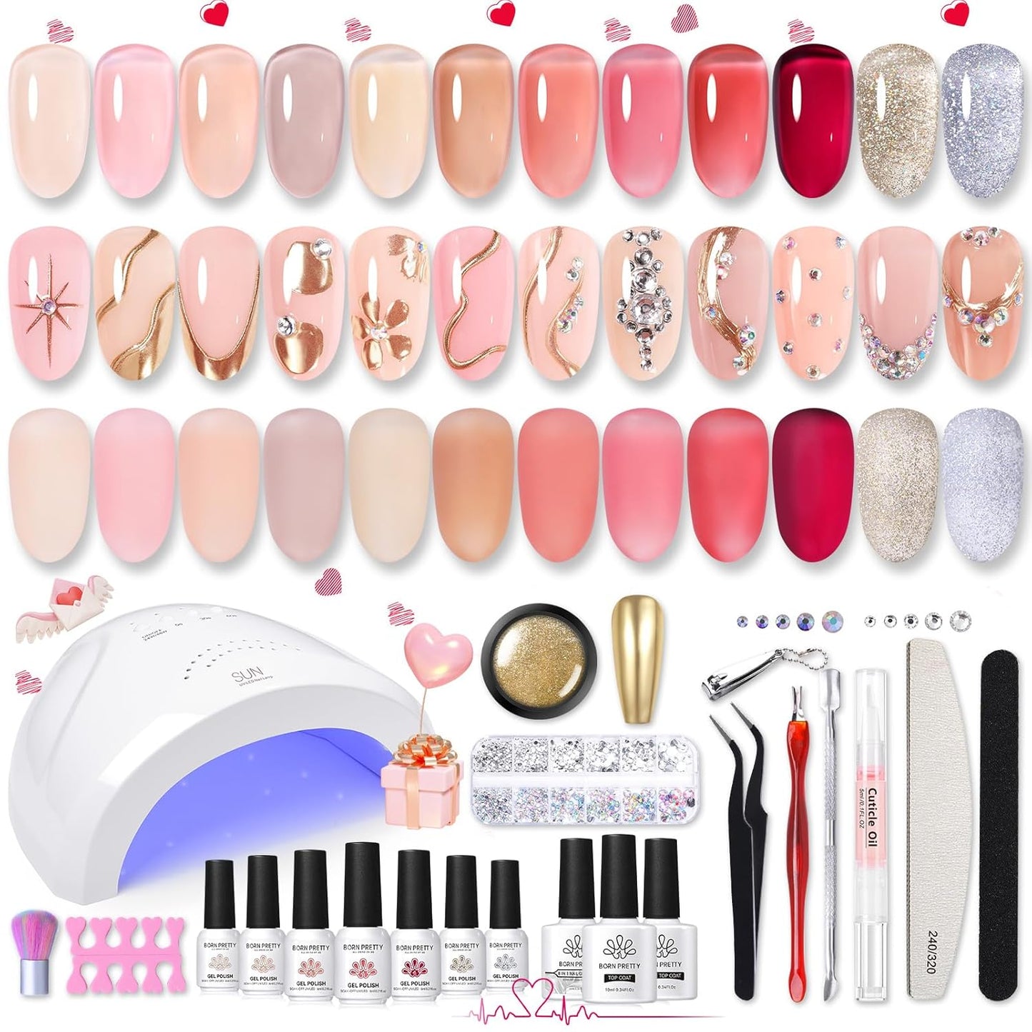 Born Pretty 28Pcs Jelly Gel Nail Polish Kit With U V Light 48W Nail Lamp 12 Colors Jelly Pink Nude Neutral Gel Polish Set with Base/Top Coat Manicure All-In-One Nail Gel Kit Ideal Gifts