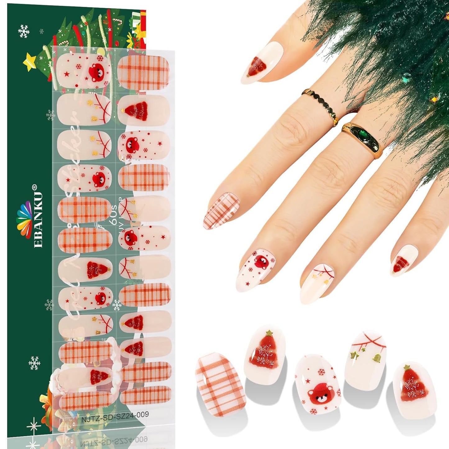 EBANKU 24PCS Christmas Semi-Cured Gel Nail Strips, Bear Snowflakes Adhesive Art Sticker, Waterproof Gel Nails Wrap Stickers with Nail File and Stick
