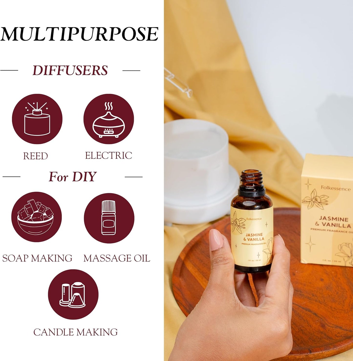 Folkulture Premium Essential Oil Blends for Diffuser for Home | 1.01 Fl Oz Vanilla Essential Oils for Aromatherapy | Jasmine Fragrance Oils for Soap & Candle Making Scents | Diffuser Oil for Massage