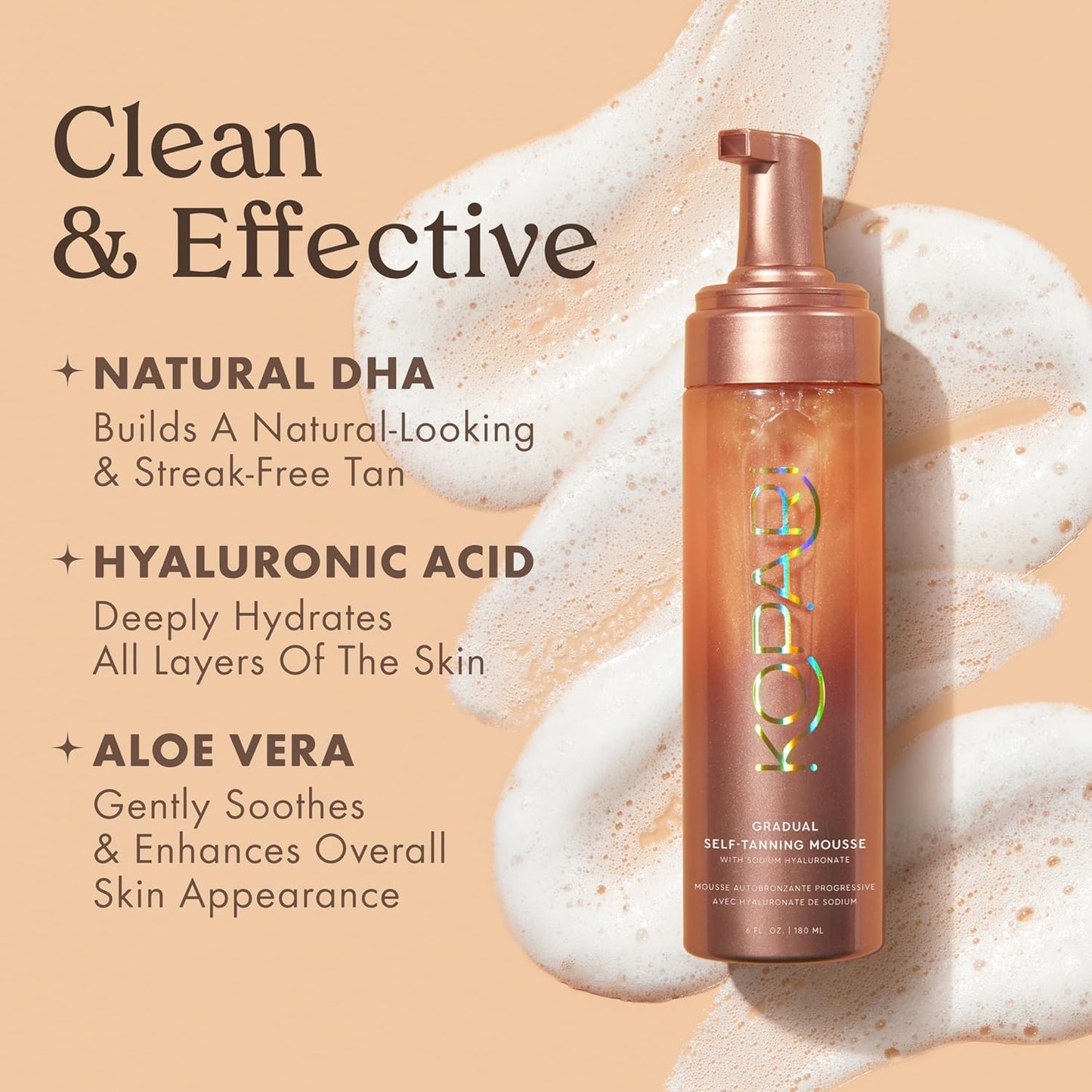 Kopari Gradual Self-Tanning Mousse Infused with Hyaluronic Acid, Even Application, Long-Lasting Natural Color, Smooth Streak-Free Results