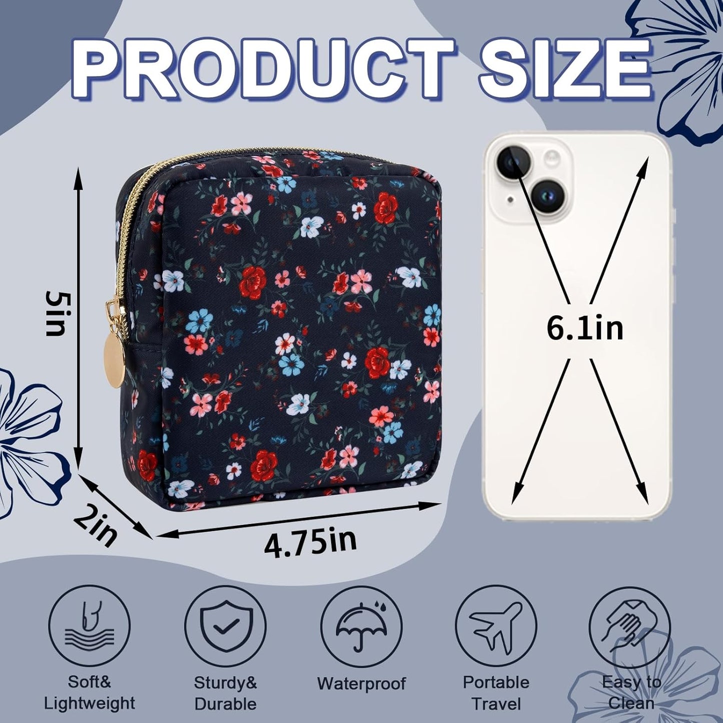 Waterproof Mini Floral Makeup Bag Pouch for Purse,Nylon Flower Cosmetic Travel Bag Small Preppy Toiletry Organizers Bag for Women Girl,Cute Zipper Pouch Coin Purse for Work(Mini Black-Flowers)