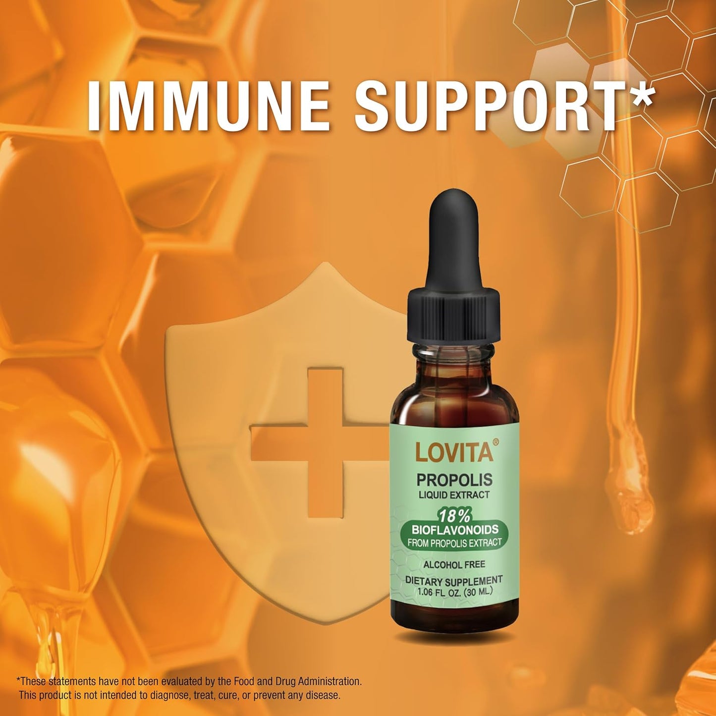 Lovita Bee Propolis Liquid Extract 500mg, 5:1 Resin Drops with 18% Bioflavonoids, Alcohol-Free Antioxidant, Immune Support & Throat Soothing, Gluten-Free, Non-GMO, 1 Fl Oz (30 mL), 90 Day Supply