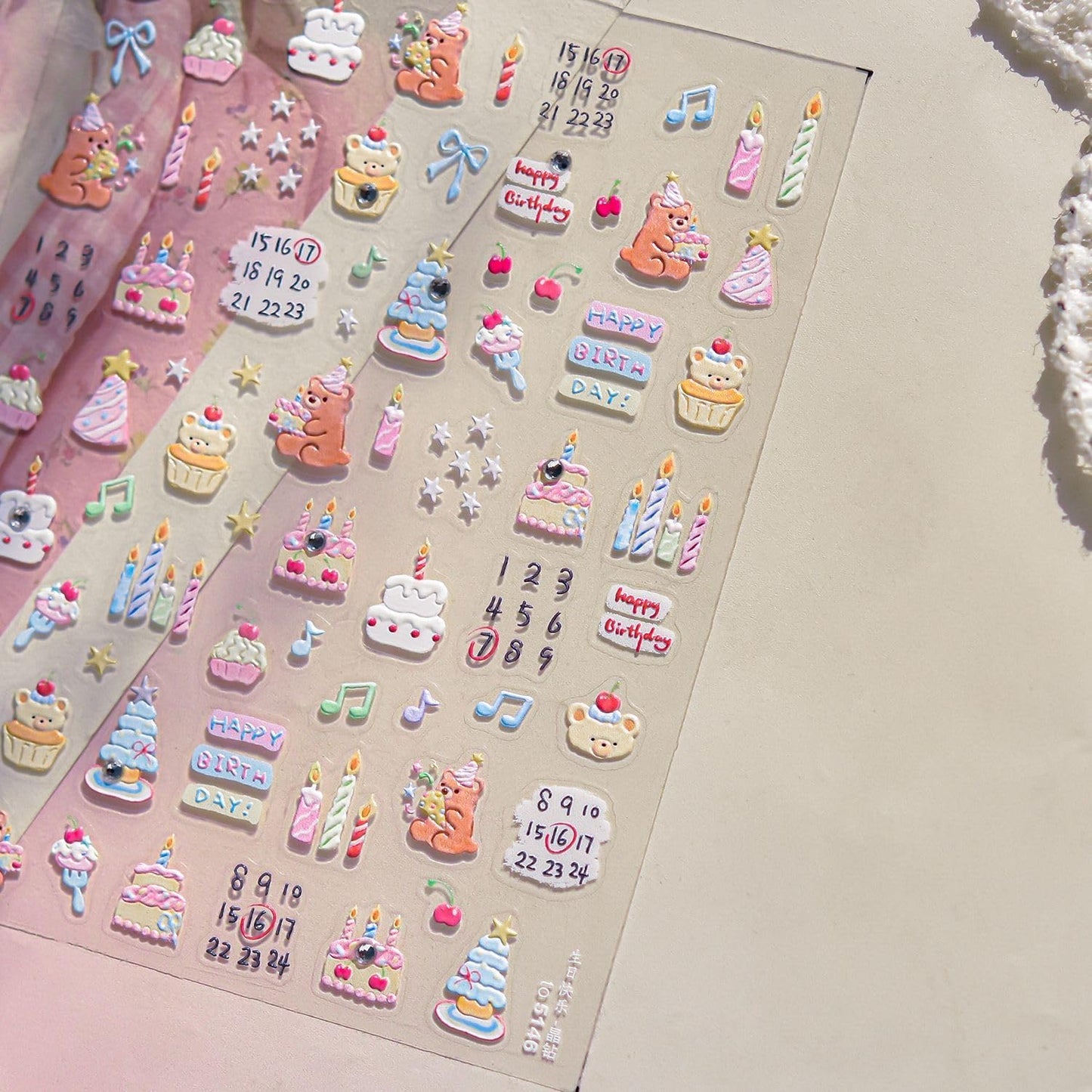 Cartoon Nail Stickers 3D Self-Adhesive Kawaii Animal Nail Supplies Cute Brown Bear Nail Decals 5D Embossed Birthday Party Candle Cake Nails Designs for Women Manicure DIY Nail Art Decorations