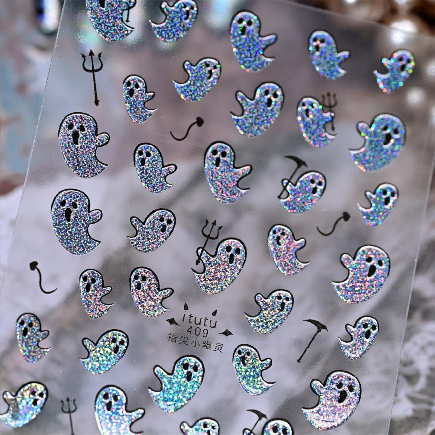 Halloween Nail Stickers for Nail Art Colorful Glitter Silver Cute Ghost Nail Art Stickers 5D Embossed Nail Decals 3D Self-Adhesive Nails Supply Manicure Sliders for Nails Decoration