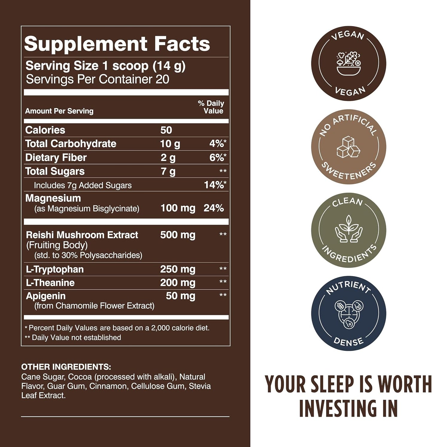 Calm Evening Tonic Sleep Powder - Cinnamon‑Cocoa Nighttime Superfood Drink Mix - Magnesium, L‑Theanine, Reishi Mushroom & L‑Tryptophan for Deep Sleep & Recovery, No Grogginess - 20 Servings