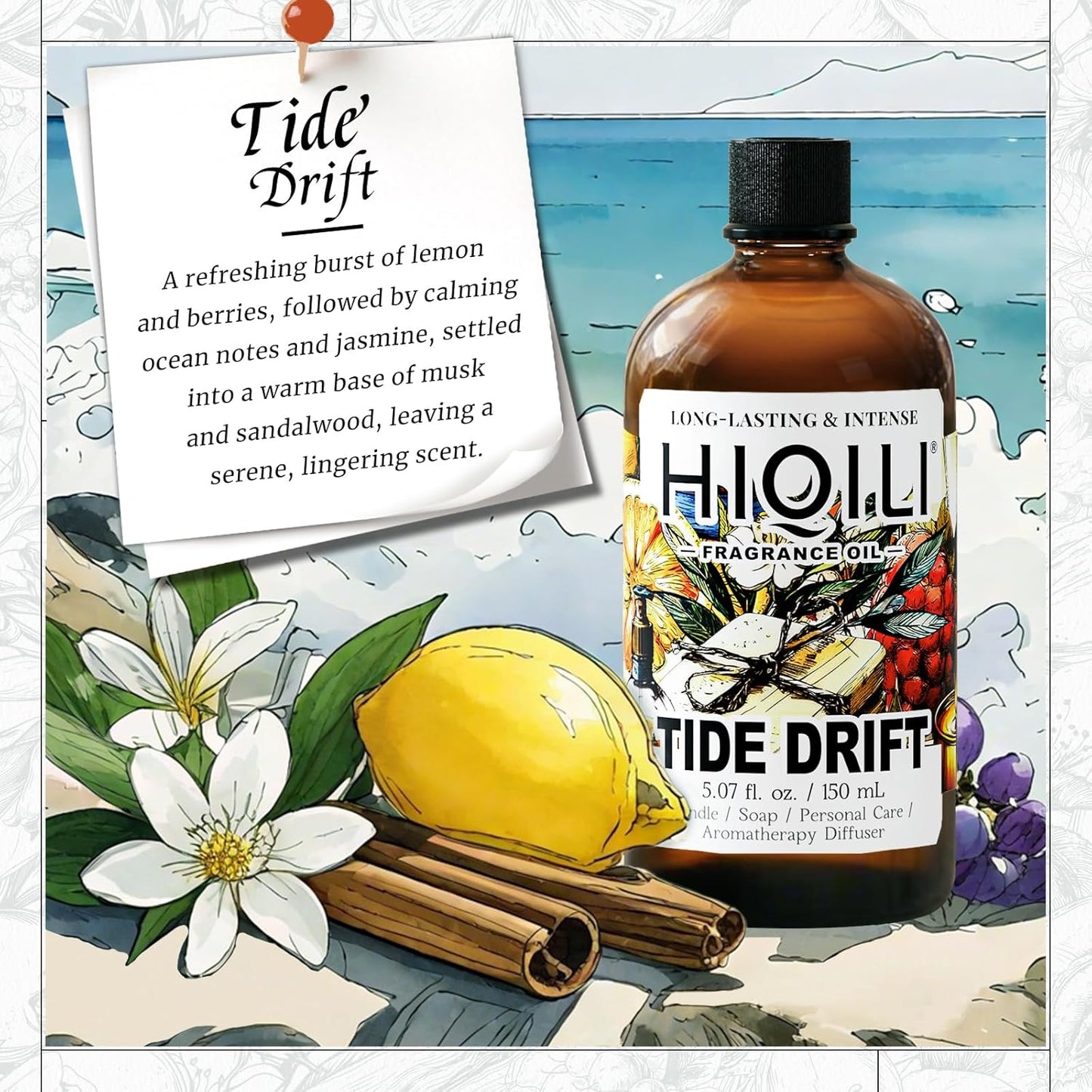 HIQILI Tide Drift Fragrance Oil, Ocean & Jasmine Scents, Making Candle, Room Spray, Essential Oil Diffuser, DIY Body Butter & Hair Perfume - 5.07 Fl Oz