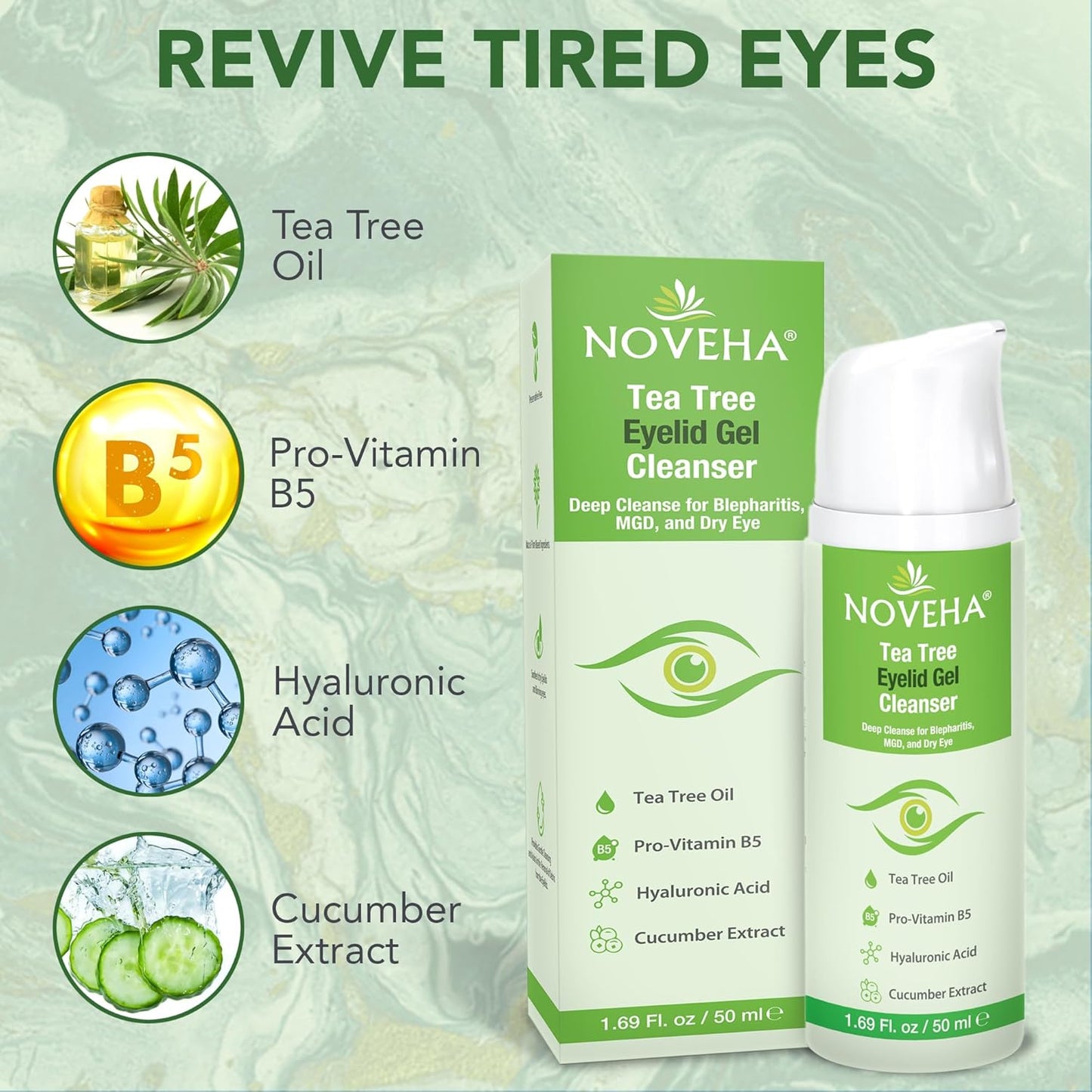 NOVEHA Tea Tree Eyelid Gel Cleanser - for Blepharitis, MGD, and Dry Eye with Pro-Vitamin B5, Hyaluronic Acid, and Cucumber Extract - Gentle Cleansing, Soothes Itchy Eyelid and Burning Eyes - 50mL