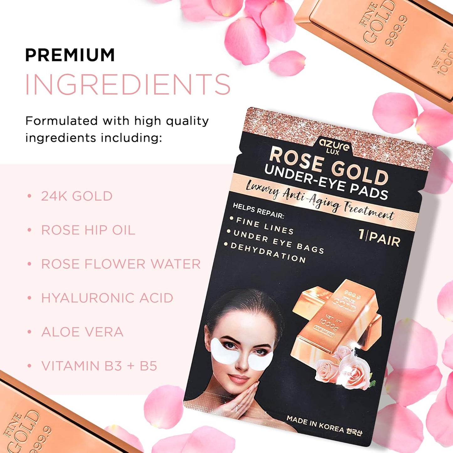 AZURE Rose Gold Luxury Anti Aging Under Eye Pads - Lifting, Smoothing & Hydrating Eye Mask Patches - Reduces Fine Lines, Wrinkles, Dark Circles & Puffiness - Skin Care Made in Korea - 5 Pairs