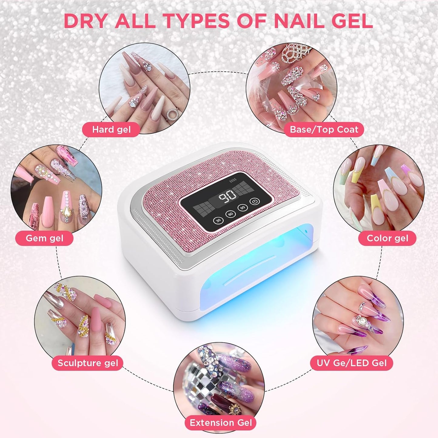 Cordless Nail Lamp, Rechargeable UV Nail Lamp for Gel Nails, LED Nail Lamp with 4 Timer Modes, Gel Nail Light Decorate with Sparkling Nail Rhinestones Diamond (Sparkly Pink Diamond)