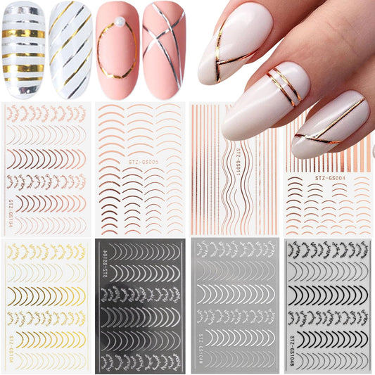 8 Sheets Line Nail Art Stickers Rose Gold Silver Metal Nail Stickers Nail Art Supplies 3D Metallic Curve Stripe Wave Lines Nail Decals French Nail Designs Accessories Striping Tape Wavy Nail Decor