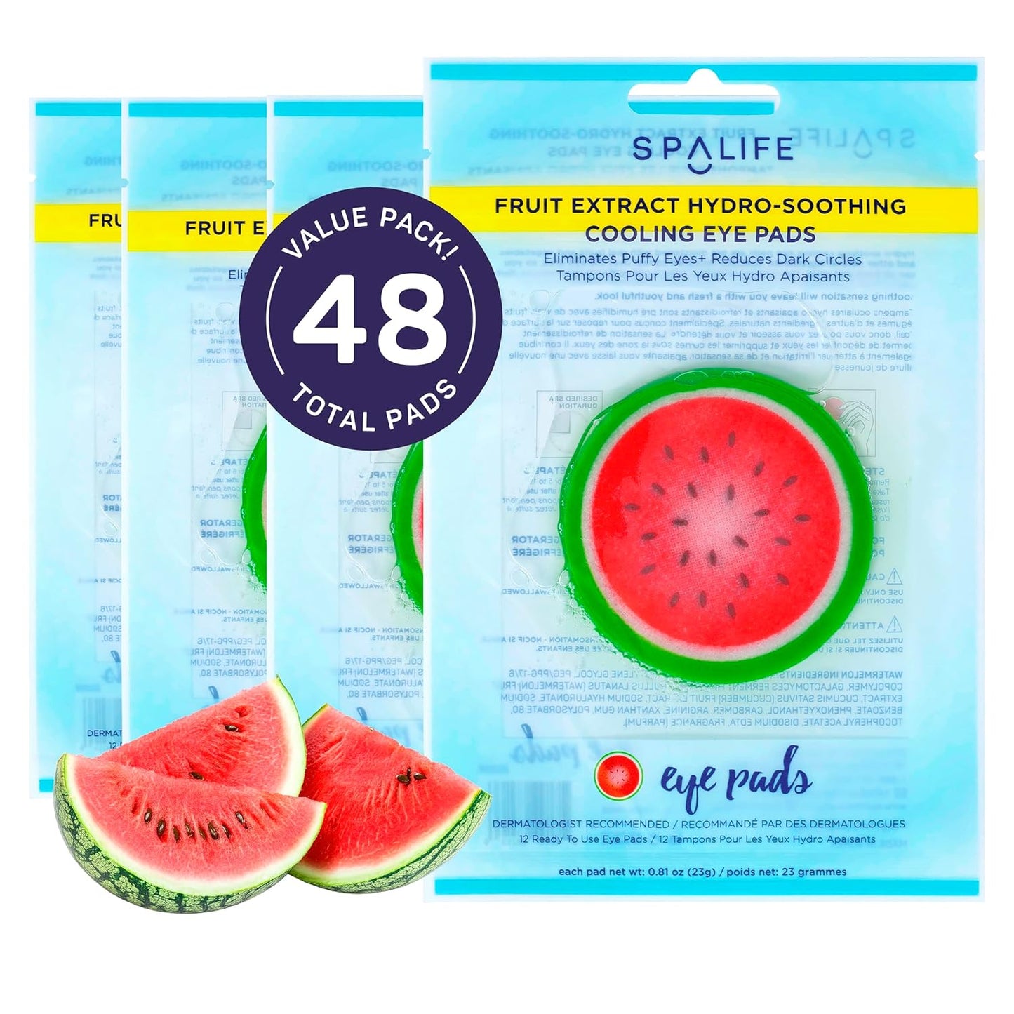 SpaLife Watermelon Cooling Eye Pads, 48 Hydrating Under Eye Patches for Puffiness, Dark Circles, and Tired Eyes, Infused with Hyaluronic Acid, Glycerin, and Vitamin C, Fruity Scent