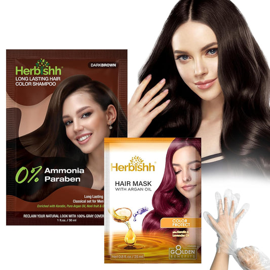 Herbishh Hair Color Shampoo for Gray Hair–Natural Hair Dye Shampoo with Argan Hair Mask–Travel size-Colors Hair in Minutes–Long lasting colour–1pack –Ammonia-Free (#Dark Brown)