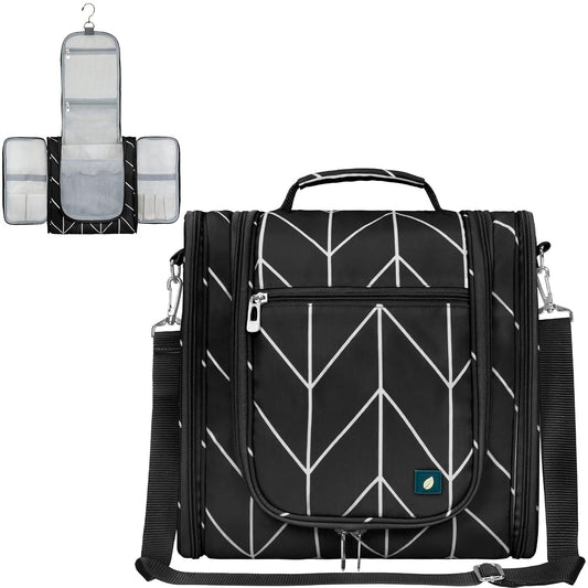 PAVILIA Extra Large Toiletry Bag Travel Bag for Women Men, Hanging Cosmetic Organizer, Water Resistant Makeup Bag for Accessories Toiletries, Travel Essentials Kit (Black Chevron)