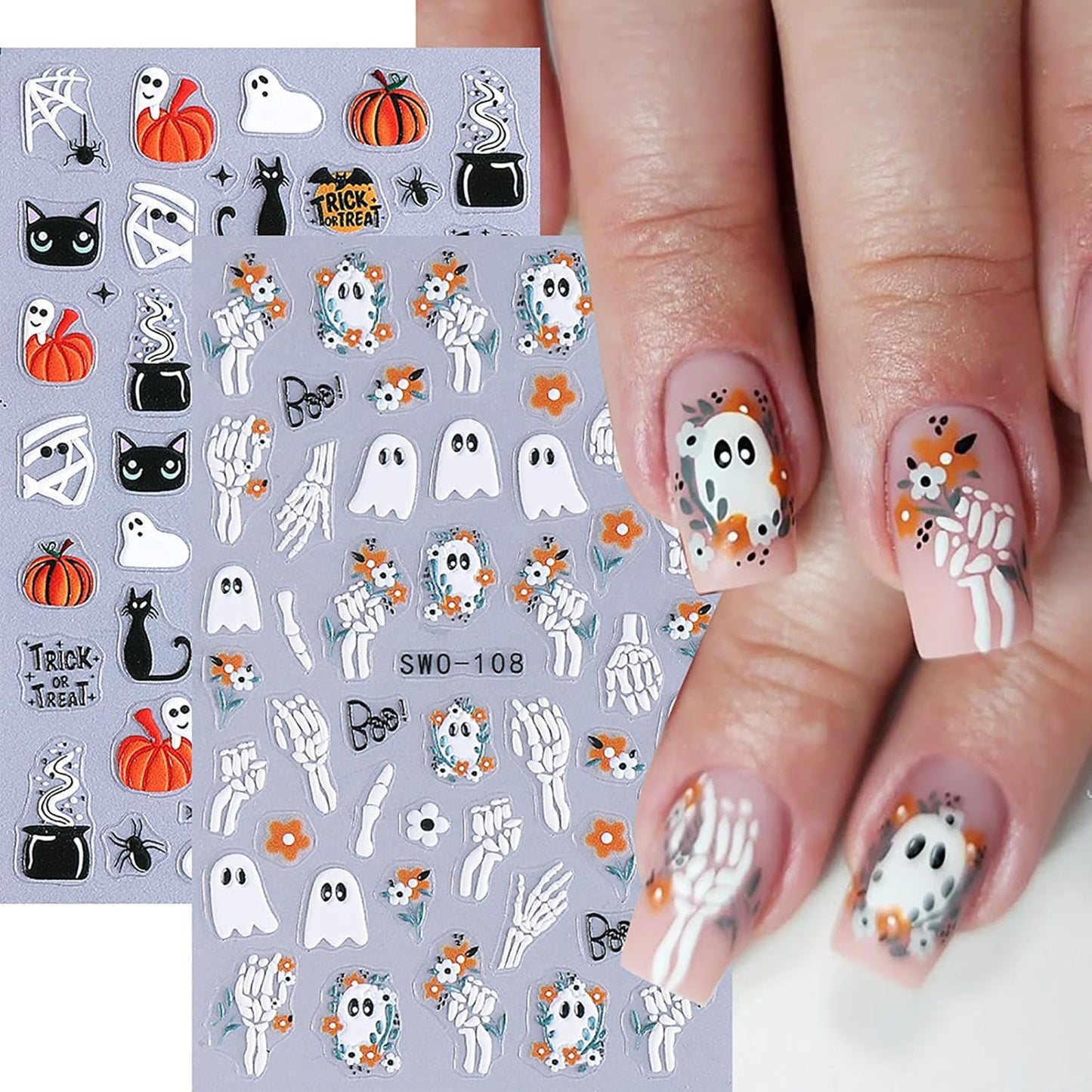 Halloween Nail Stickers 5D Spooky Nail Decals 4PCS Self-Adhesive Black Cat Pumpkins Spider Web Ghost Skeleton Hand Skull Design Gothic Halloween Nail Art Supplies for Women Holiday Nail Decorations