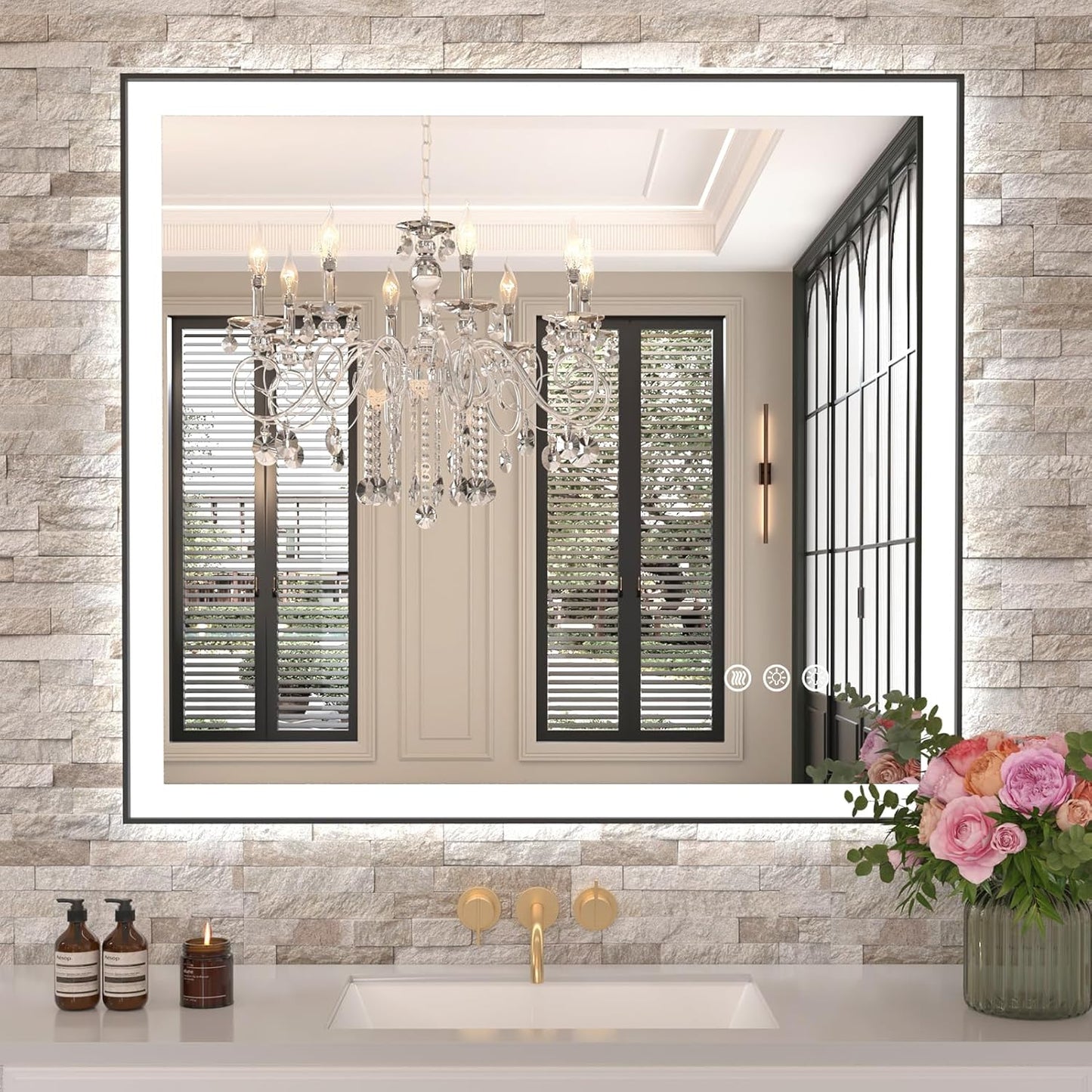 Amorho 36"x 32" LED Bathroom Mirror with Black Frame, Front Light and Backlit(Controlled Separately), Stepless Dimmable, Anti-Fog, Shatter-Proof, 3 Colors, Memory