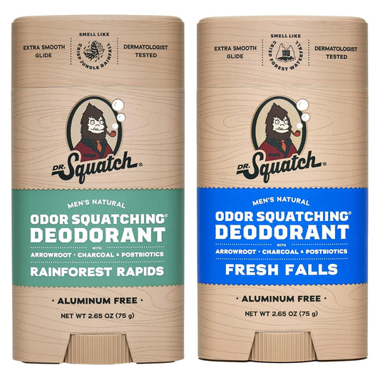 Dr. Squatch Natural Deodorant for Men - Odor-Squatching Aluminum Free - Rainforest Rapids & Fresh Falls (2.65 oz, 2-Pack)