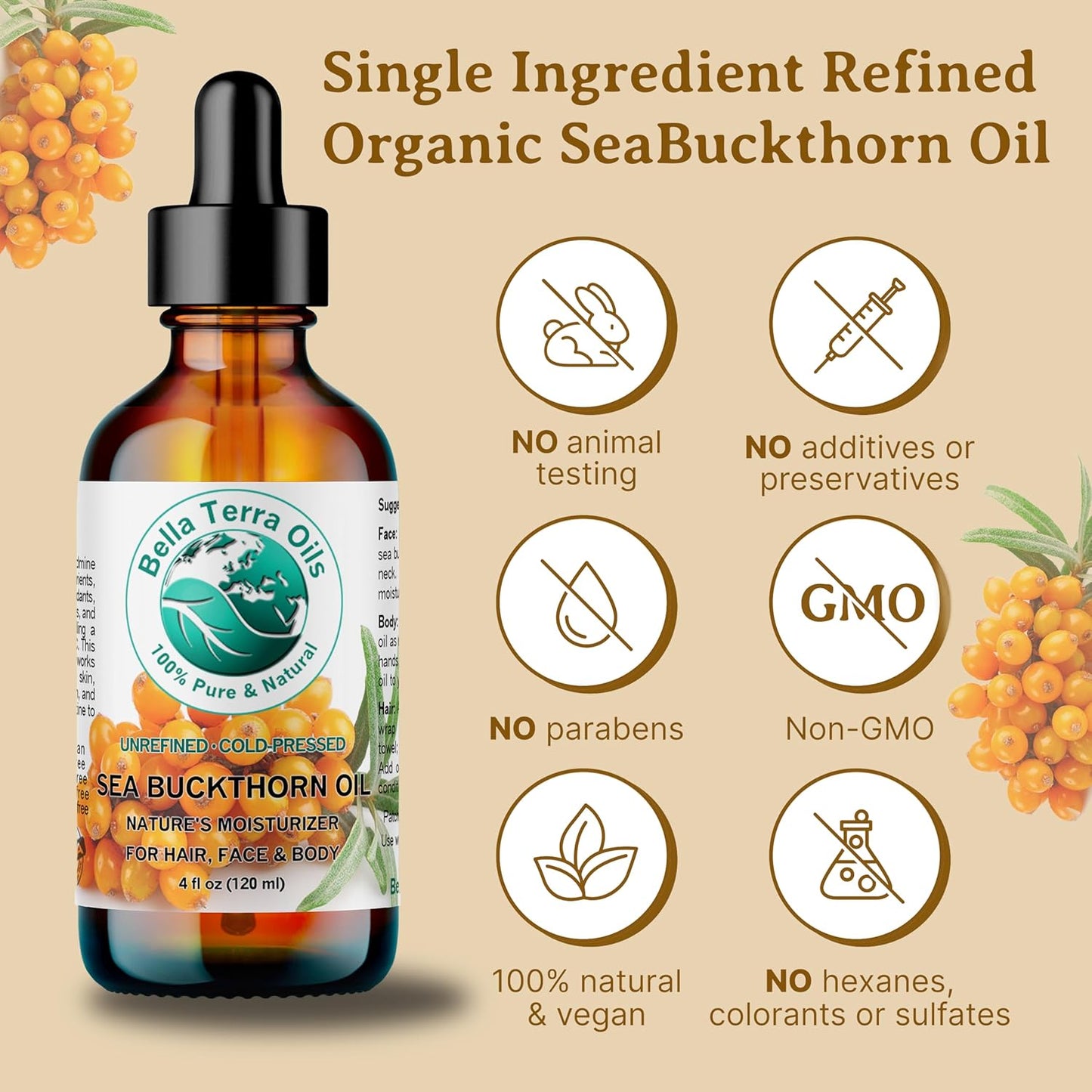 Bella Terra Oils - Sea Buckthorn Oil 4 oz - Unlock the Gold Standard in Skincare, Infused with Omega-3, Omega-6 & Carotenoids, Elevate Your Cosmetic Routine