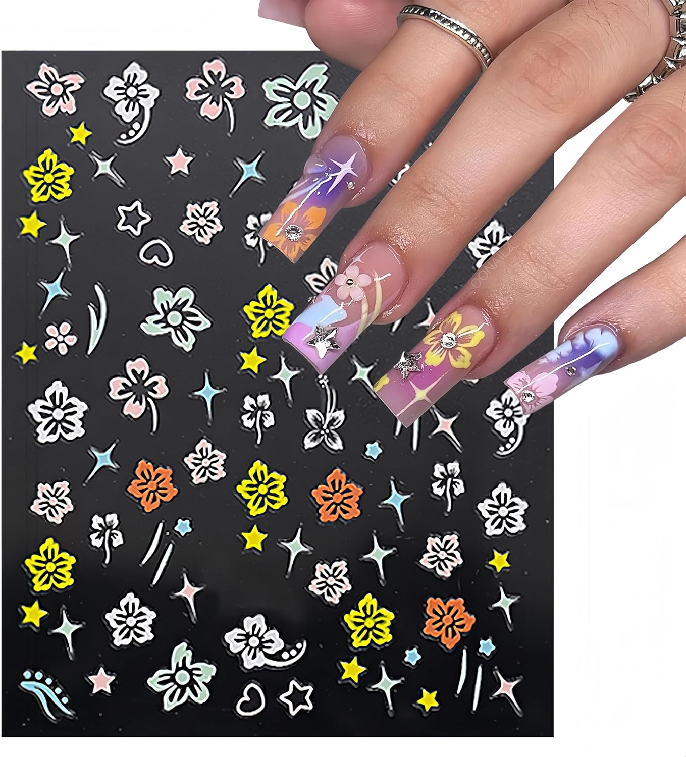 8 Sheets 3D Colored Flower Nail Stickers Summer Hibiscus Nail Decals 3D Self-Adhesive White Pink Gold Flower Pattern Women's Nail Art Supplies Decoration Accessories