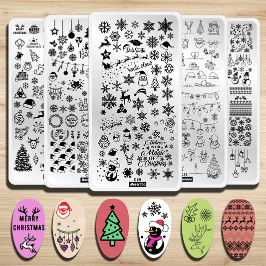 5Pcs Snowflake Nail Stamping Plates - Christmas Theme Santa Reindeer Tree Bell Snowman Winter Image Nail Art Design Stamp Kit Manicure Template Mold New Year Stencils Painting Tool