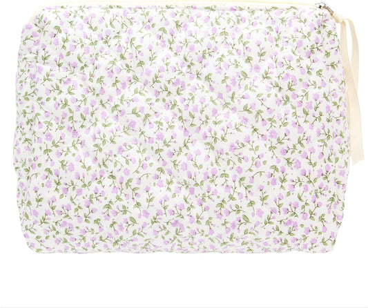 PAZIMIIK Quilted Makeup Bag Large Travel Zipper Soft Cosmetic Pouch for Women Girls Make Up,Floral Purple