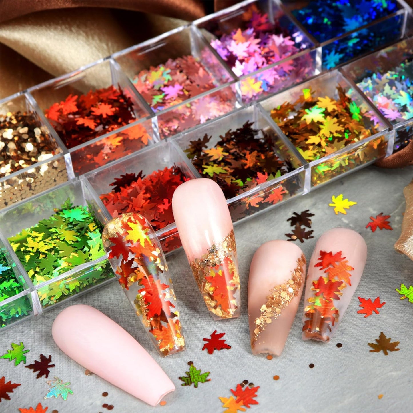Thanksgiving Glitters Nails Sequins Fall Nail Glitter Sequins Autumn Maple Leaf Flakes Design Nails Charms Holographic Mixed Color 3D Confetti Maple Leaves Nails Glitter for Women