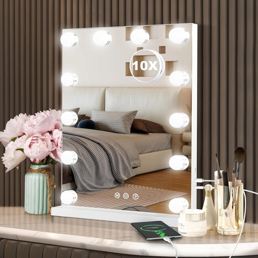 Hollywood Vanity Mirror with Lights, 12 Dimmable Bulbs, 3 Color Lights,Make Up Lighted Mirror, Aluminum Metal Frame, USB Charging Port（14" x 18"）