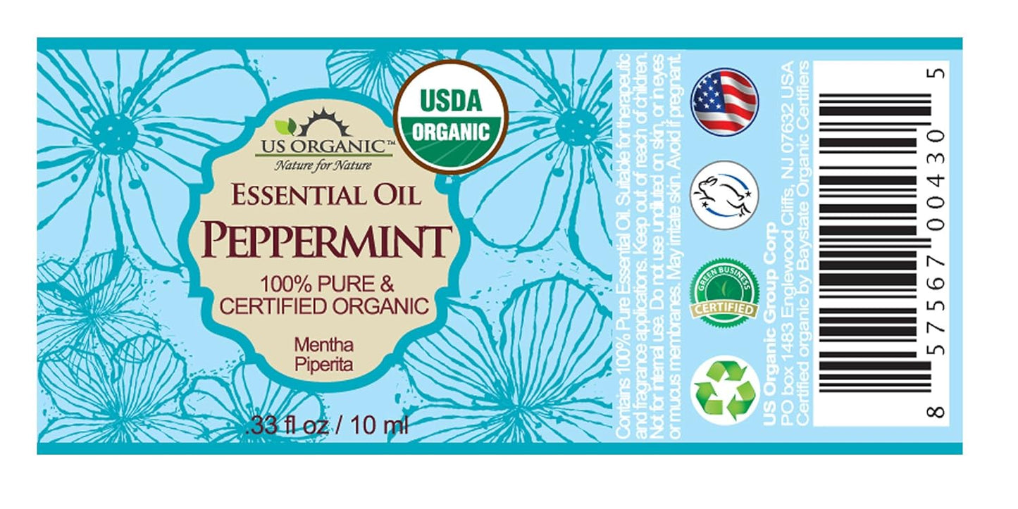 US Organic 100% Pure Peppermint Essential Oil - USDA Certified Organic - 10 ml Pack of 2 - w/Improved caps and droppers (More Size Variations Available)