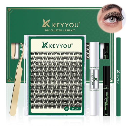 DIY Lash Extension Kit KEYYOU 144pcs Lash Clusters Eyelash Extension Kit with Mascara Brush Bond and Seal Lash Glue Remover Lash Applicators Lash Brush for DIY Lash Extensions (Y01 Kit)