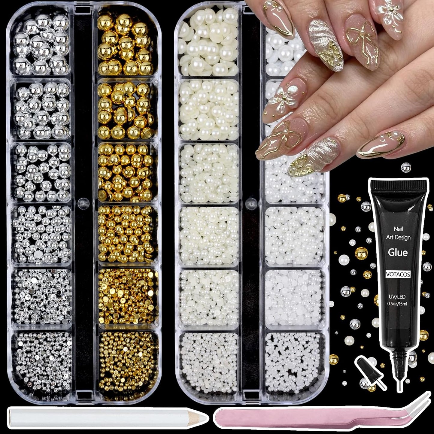 Nail Art Pearls with Rhinestones Glue Gel Flatback Pearls Nail Charms Luxurious Nails Supplies Accessories Silver Gold Gems Pearl Colorful Pearl for Women Nails Design