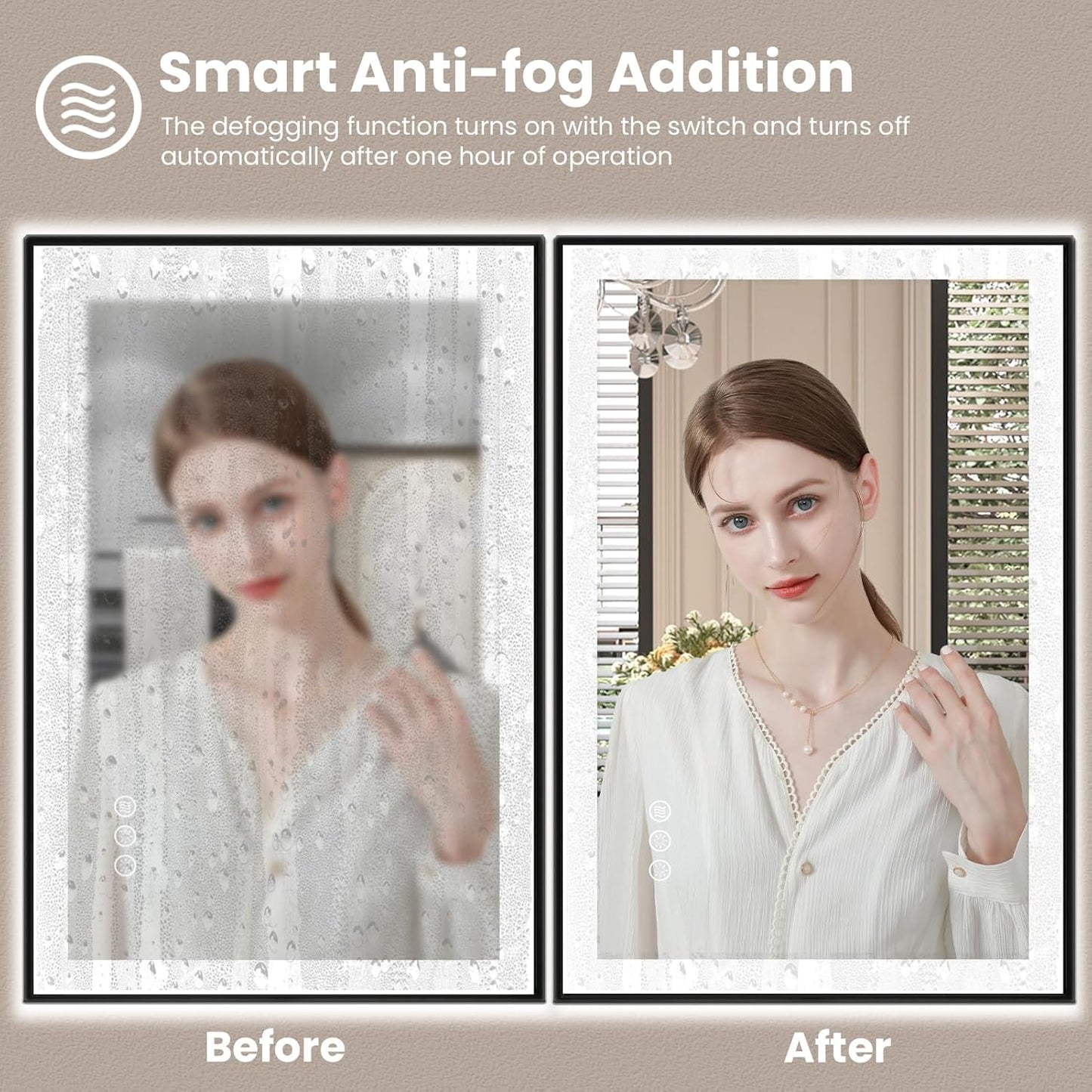 Amorho 36"x 32" LED Bathroom Mirror with Black Frame, Front Light and Backlit(Controlled Separately), Stepless Dimmable, Anti-Fog, Shatter-Proof, 3 Colors, Memory