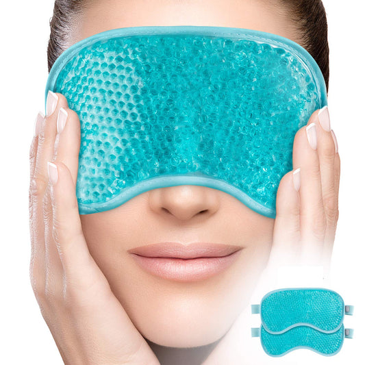 Facial Mask - Get Rid of Puffy Eyes - Migraine Relief, Sleeping, Therapeutic Hot Cold Compress Pack - Gel Beads, Spa Therapy Wrap for Sinus Face Puffiness Headaches (Green + Ice Pack)