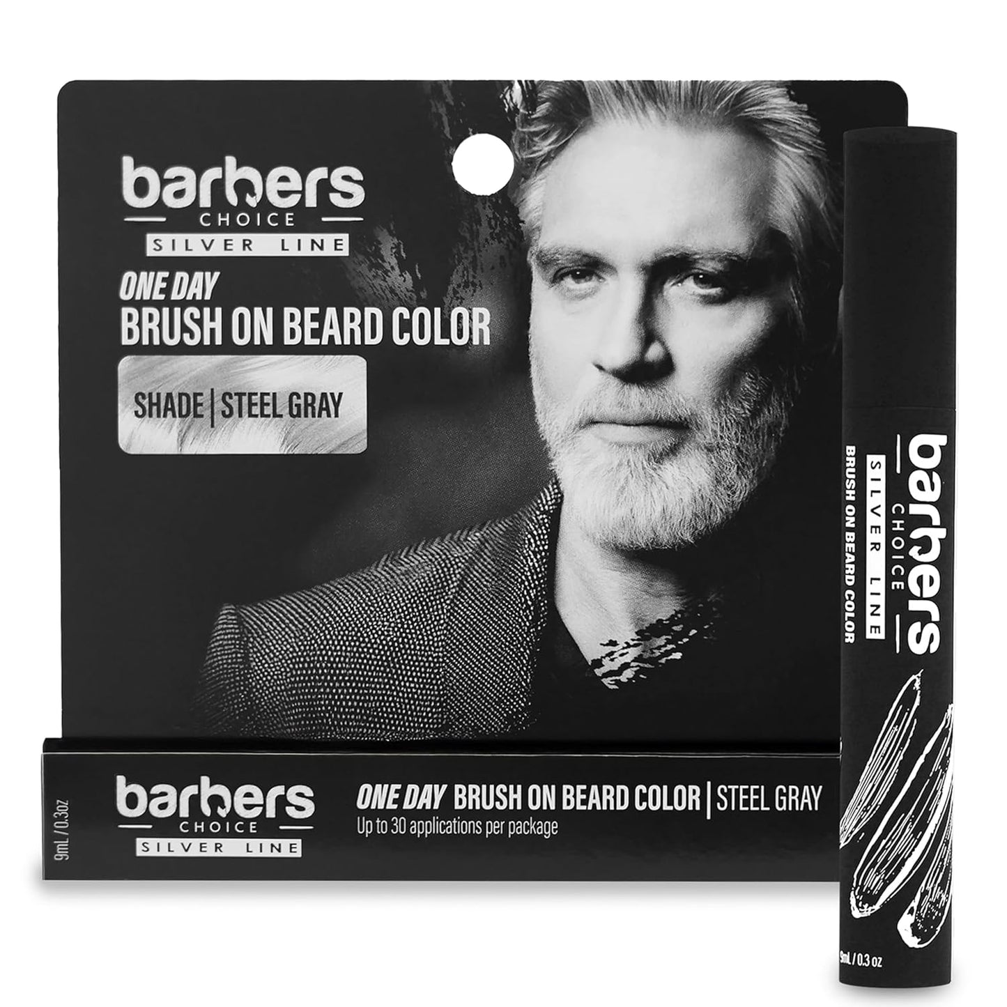 Barbers Choice Silver Line, Facial Hair Brush on Temporary Color for Silver Fox Men- Instantly Brighten White Beards, Mustache & Sideburns, Less Yellow, Easy Application, Steel Gray