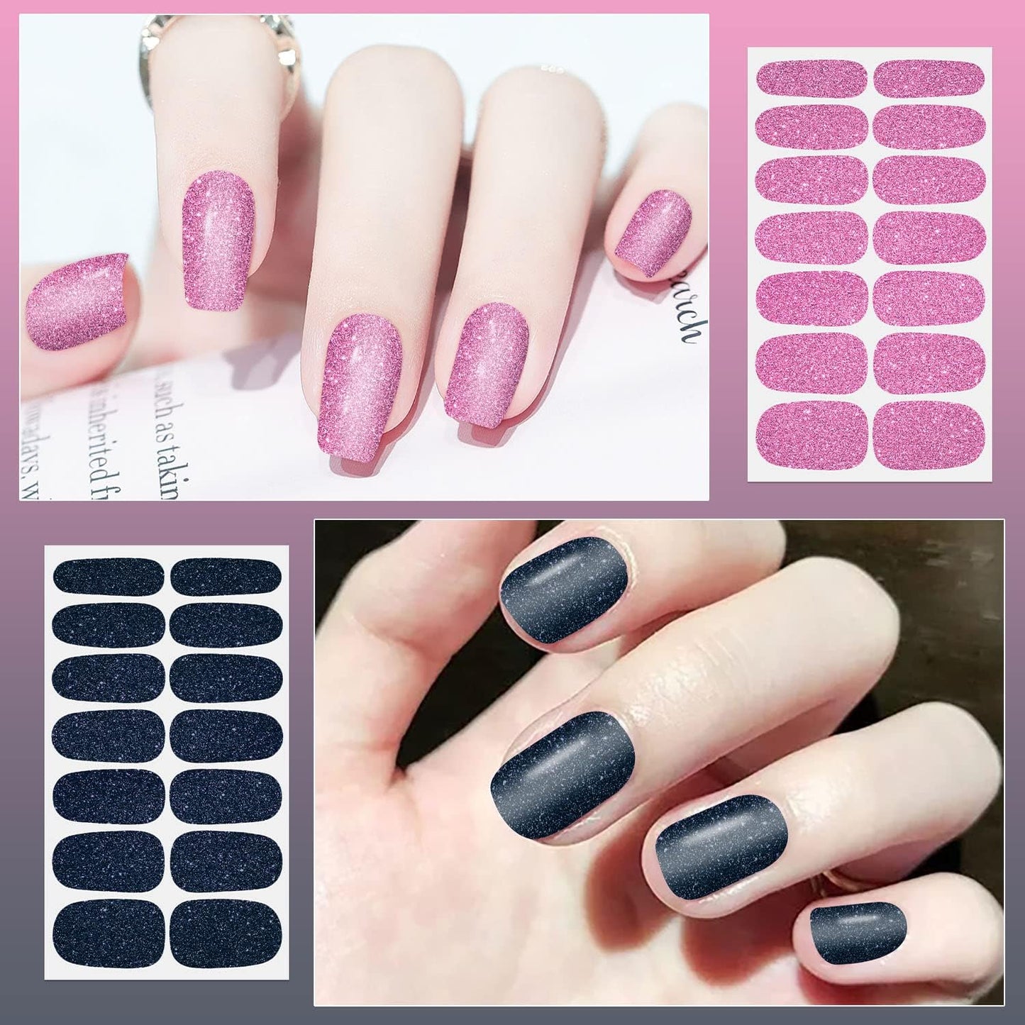 DANNEASY 24 Sheets Glitter Nail Polish Stickers Full Nail Wraps for Women Self Adhesive Nail Polish Strips Gel Nail Strips Stick on Nails Manicure Kit with Nail File, Cuticle Stick