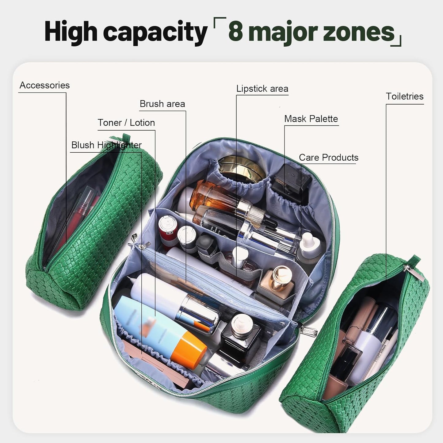 BOYATU Travel Makeup Bag Cosmetic Bags for Women: Large Capacity 3 Pcs Set Make up Bag with Compartments - Waterproof Vegan Leather Toiletry Organizer Bags with Handle - Travel Essentials(L12 Green)