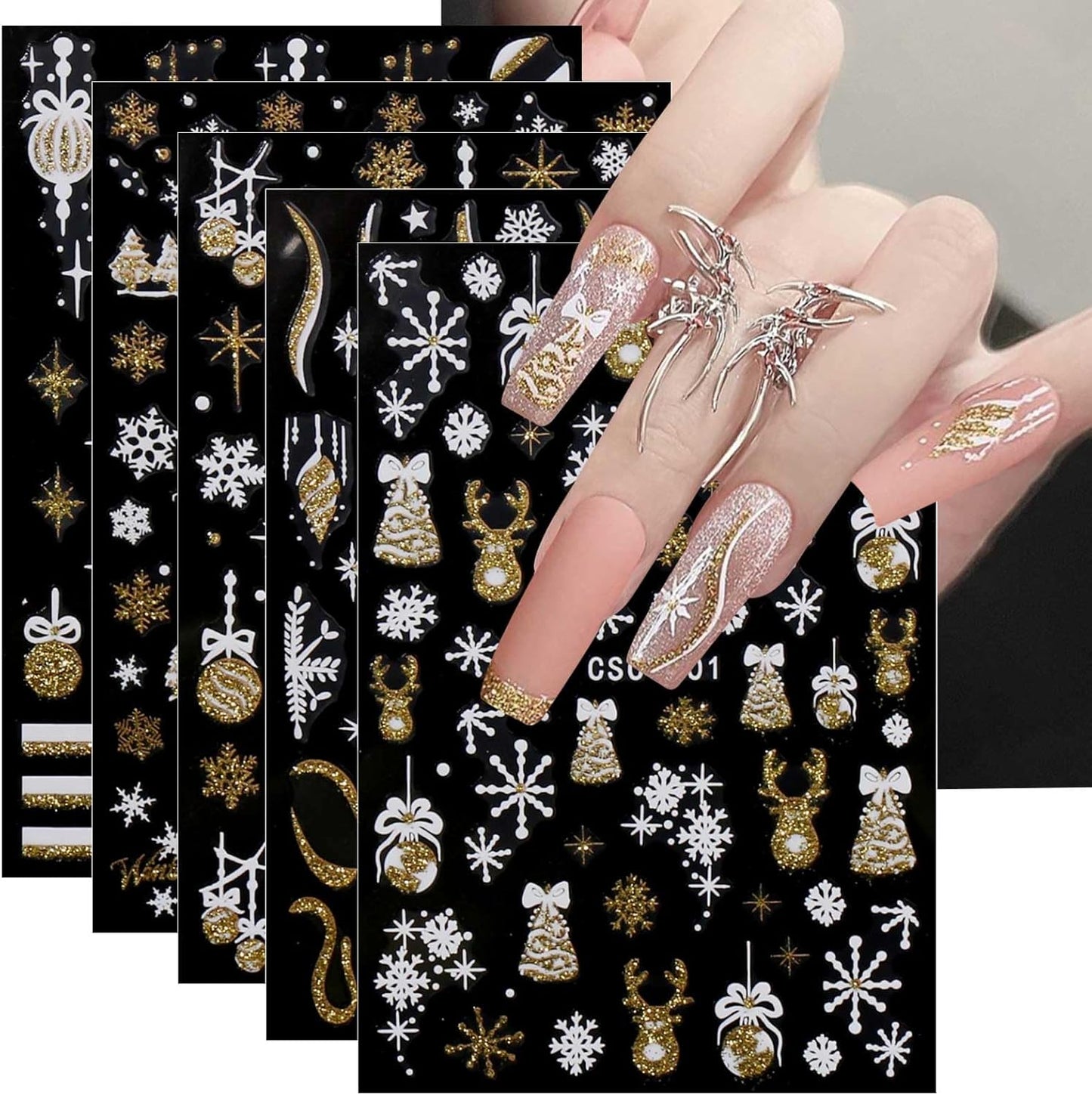 JMEOWIO 8 Sheets Christmas Glitter Nail Art Stickers Decals Self-Adhesive Snowflake Winter Holiday Cute Nail Supplies Nail Art Design Decoration Accessories