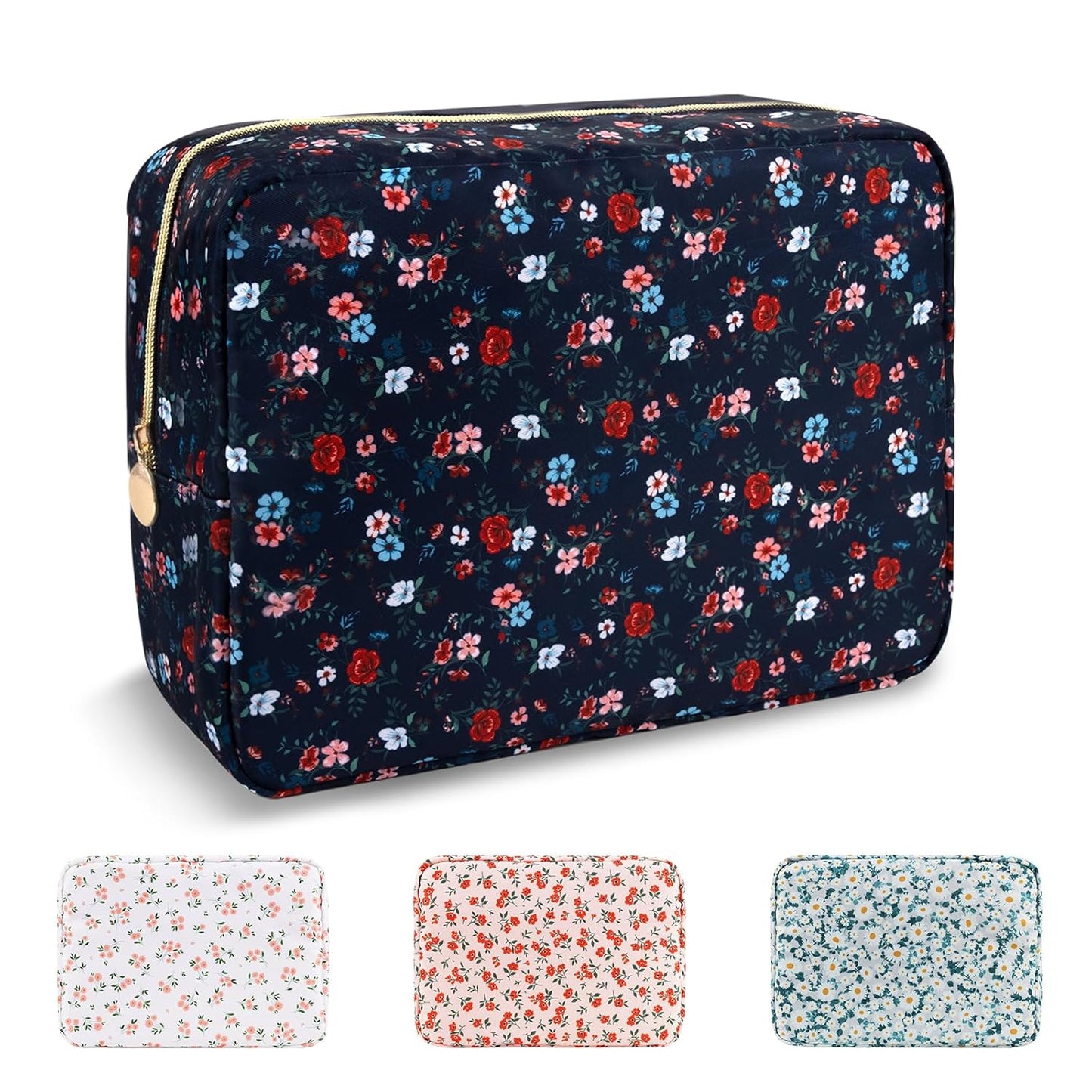 Waterproof Large Floral Makeup Pouch,Nylon Travel Toiletry Storage Purse Preppy Cosmetic Bag for Women Girl,Large Capacity Makeup Organizer Zipper Pouch for Work(L Black-Flowers)
