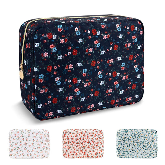 Waterproof Large Floral Makeup Pouch,Nylon Travel Toiletry Storage Purse Preppy Cosmetic Bag for Women Girl,Large Capacity Makeup Organizer Zipper Pouch for Work(L Black-Flowers)