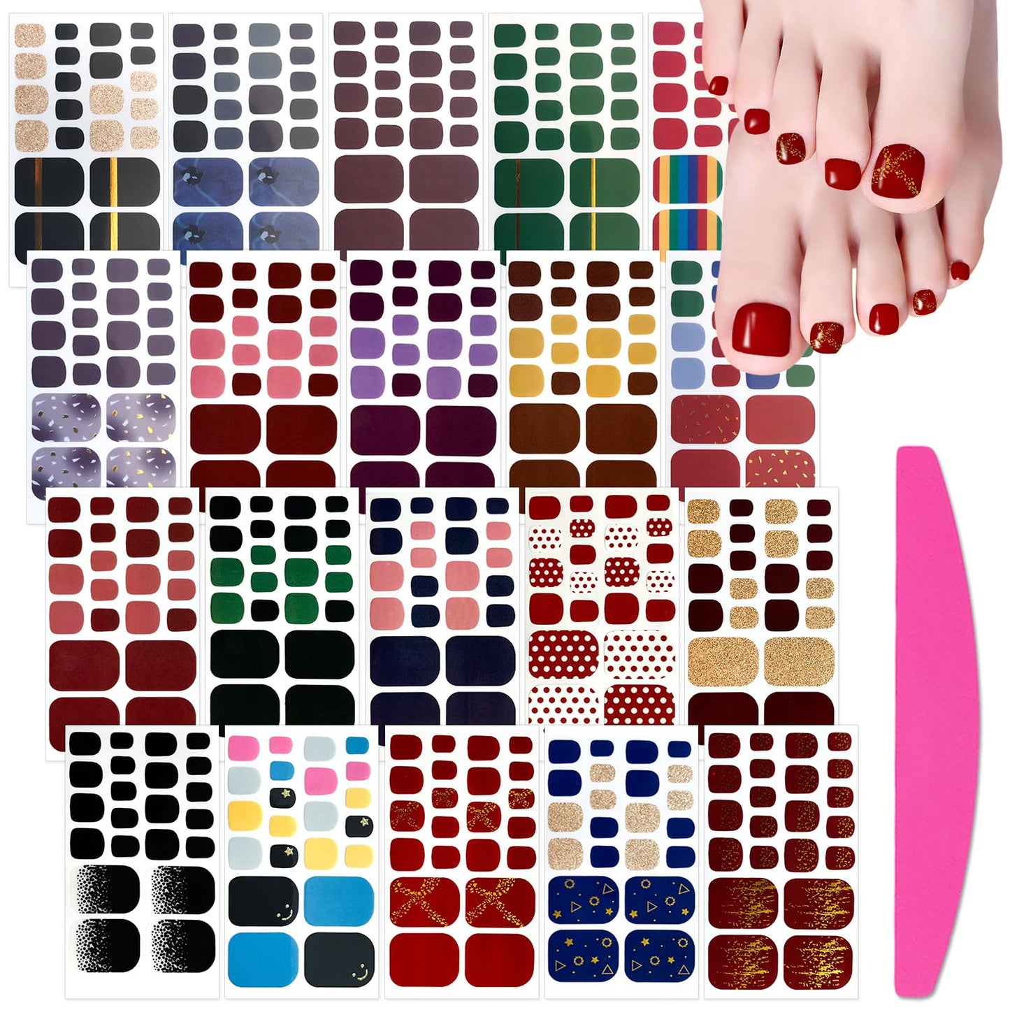 SILPECWEE 20 Sheets Adhesive Toe Nail Polish Stickers Decals Solid Color Full Wraps Nail Strips Manicure Accessories for Women 1Pc Nail File