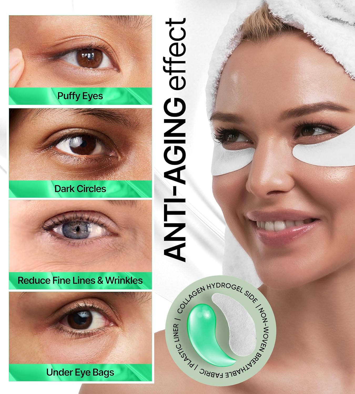 Under Eye Patches for Dark Circles, Puffiness 30 PAIRS - Dark Circles Under Eye Treatment - Under Eye Mask Gel - Under Eye Gel Patches for Puffy Eyes - Green Tea, Collagen Eye Patches - Under Eye Pads