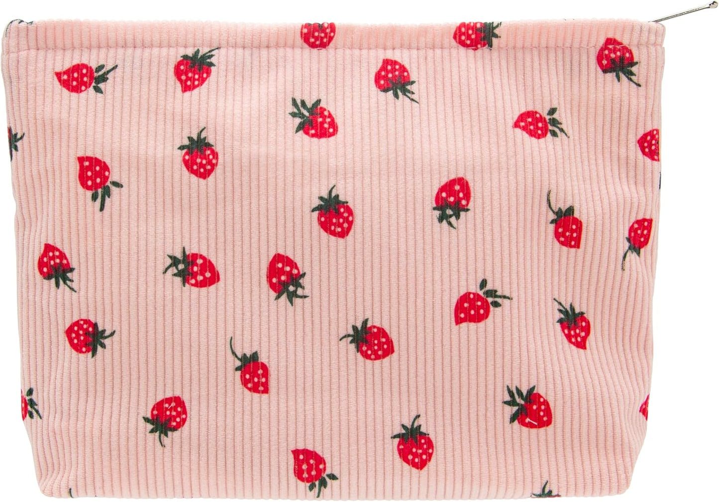 Makeup Bag Large Cotton Zipper Pouch for Purse Travel Canvas Make Up Organizer for Women Cosmetic,Strawberry Pink