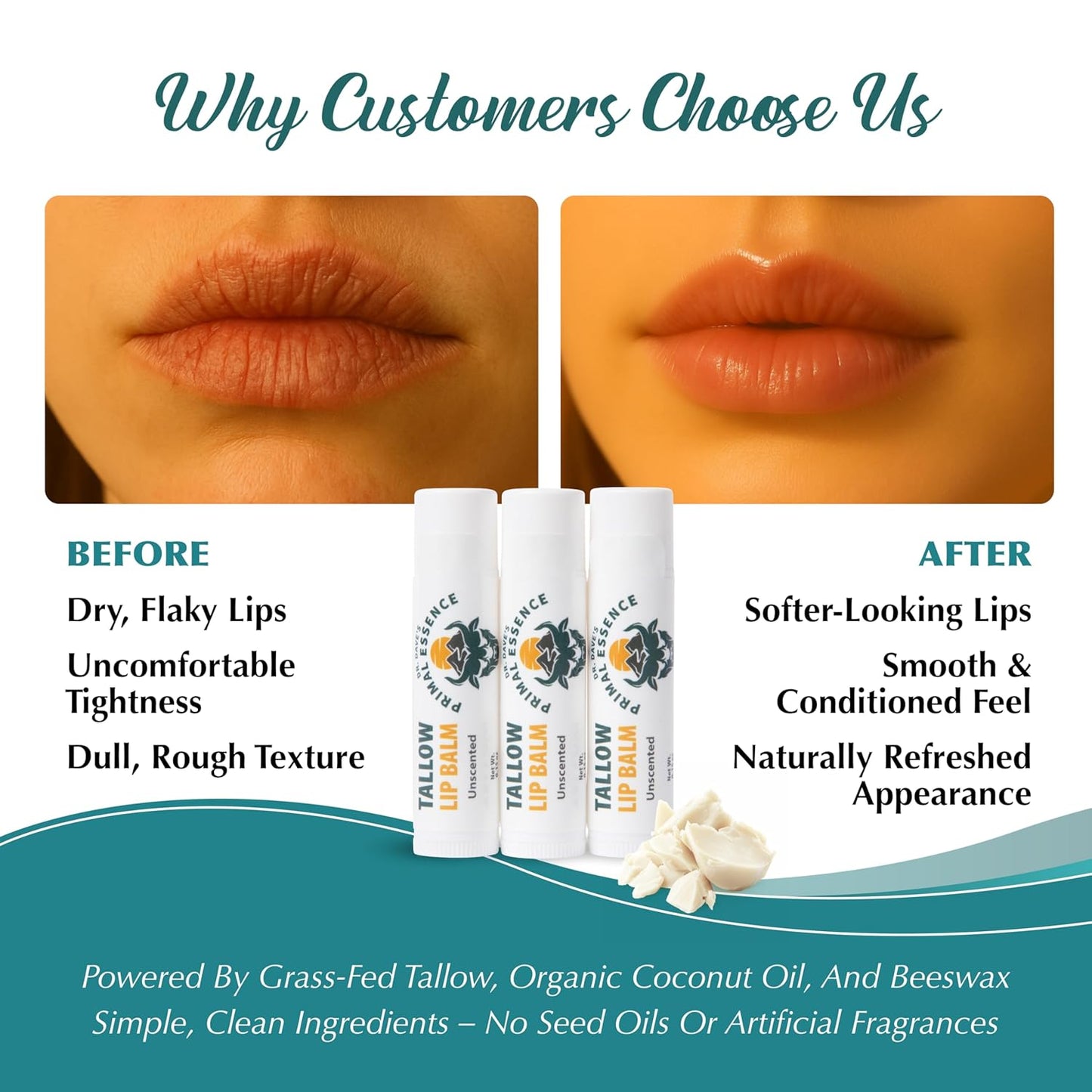 Moisturizing Tallow Lip Balm – Grass-Fed Beef Tallow with Organic Coconut Oil, Beeswax, and Vitamin E – Unscented Lip Balm Set – Travel Essential - 3-Pack