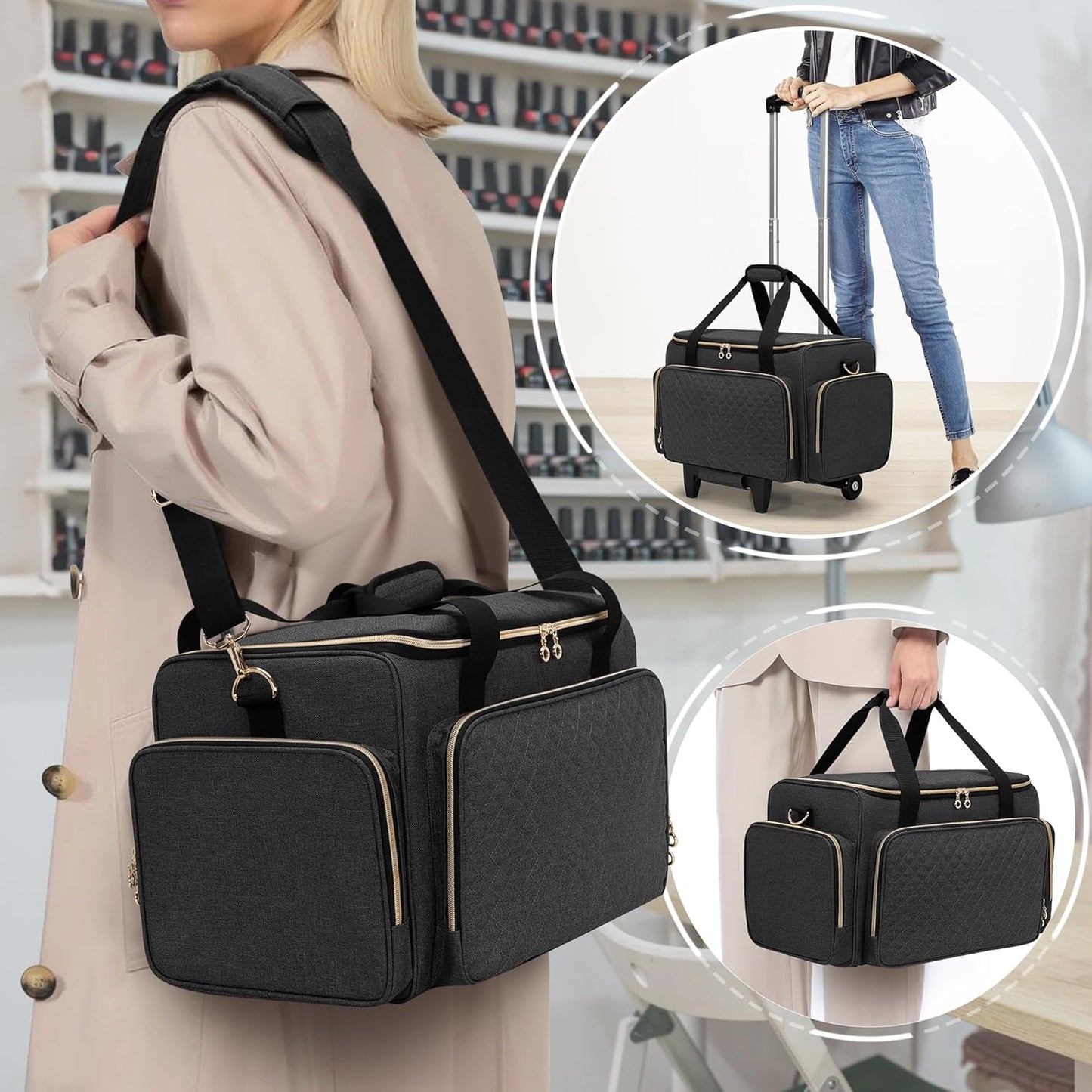 LUXJA Rolling Makeup Case with 3 Removable Pouches and 1 Makeup Brush Bag, Large Makeup Bag Cosmetic Bag with Detachable Dolly (Patented), Black