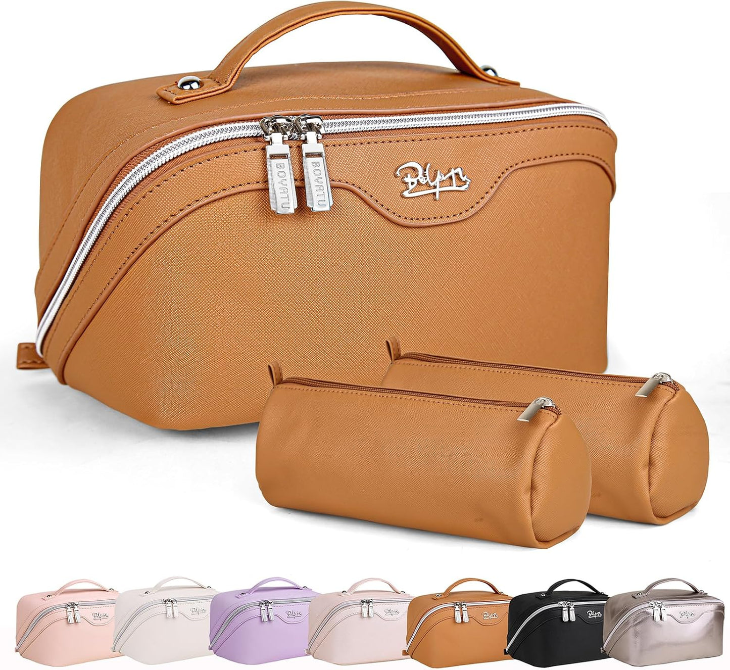 BOYATU Travel Makeup Bags for Women: Vegan Leather Cosmetic Bag Set of 3 - Large Capacity Make up Bag with Divider - Wide Open Waterproof Toiletry Organizer Bag with Handle (05-Brown)