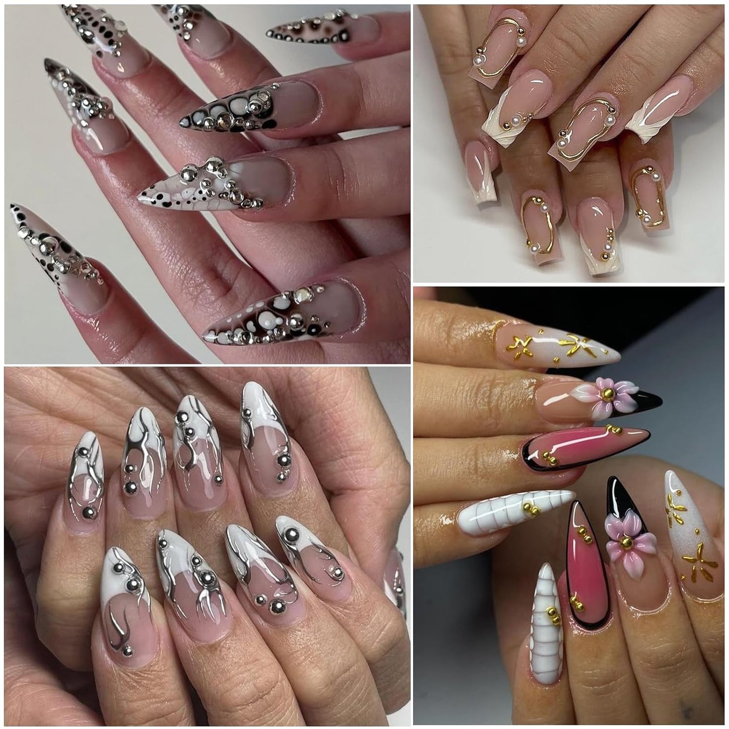 Nail Art Pearls with Rhinestones Glue Gel Flatback Pearls Nail Charms Luxurious Nails Supplies Accessories Silver Gold Gems Pearl Colorful Pearl for Women Nails Design